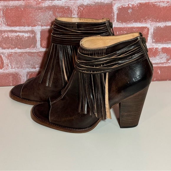 Bed Stu Onset Olivia Peep Toe Fringe Booties Brown Leather Sz 10 - Picture 6 of 6
